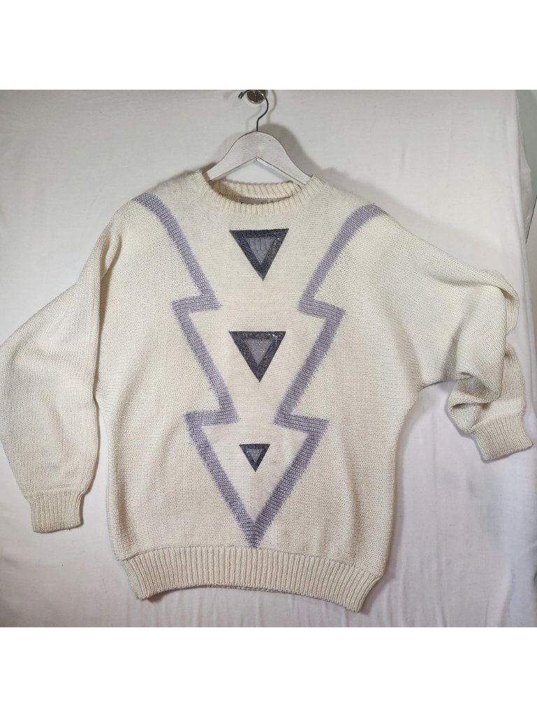 Vintage Franco Valeri 80s Cream Knit Sweater Snakeskin Leather Geometric Med